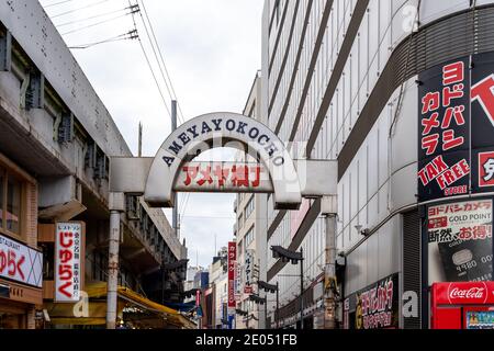 Tokyo, Giappone - 21 marzo 2019: Uno degli ingressi ad Ameya-Yokocho a Tokyo, Giappone. Foto Stock