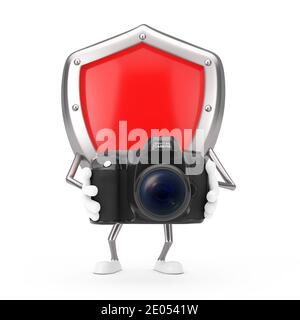 Mascotte di protezione in metallo rosso con fotocamera digitale moderna su sfondo bianco. Rendering 3d Foto Stock