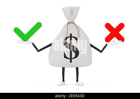 Lega Rustic Canvas Linen Money Sack o Money Bag e Dollaro segno mascotte personaggio con Croce Rossa e segno di spunta Verde, Conferma o Nega, Sì o No icona Foto Stock