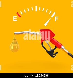 Cartello indicatore del livello del carburante che mostra un serbatoio pieno vicino all'ugello del carburante della pompa a benzina, erogatore della stazione di servizio con goccioline di gas su un fondo giallo Foto Stock