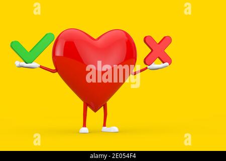 Mascotte del cuore rosso con croce rossa e segno di spunta verde, Conferma o Nega, Sì o No simbolo su sfondo giallo. Rendering 3d Foto Stock