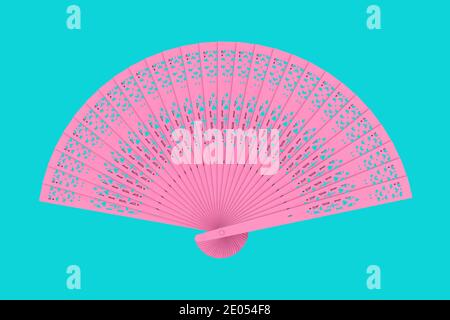 Ventilatore a mano in legno intagliato rosa in stile Duotone su sfondo blu. Rendering 3d Foto Stock