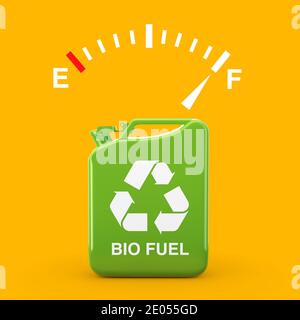 Indicatore del livello del carburante che mostra un serbatoio pieno vicino al taccuino di metallo verde con il segno del carburante biologico su sfondo giallo. Rendering 3d Foto Stock