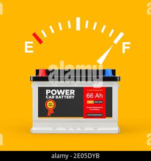 Indicatore del livello del carburante sul cruscotto che mostra una carica completa con l'accumulatore da 12 V della batteria ricaricabile per auto e l'etichetta astratta su sfondo giallo. Rendering 3d Foto Stock