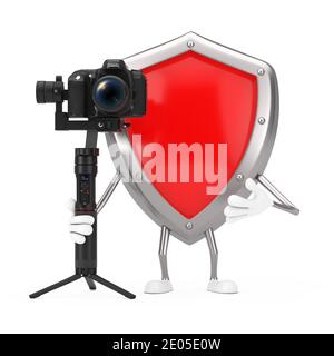 Mascotte di protezione in metallo rosso con DSLR o videocamera sistema a treppiede con stabilizzazione cardanica su sfondo bianco. Rendering 3d Foto Stock