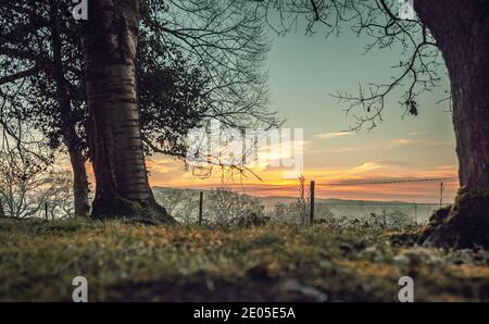 Un campo ghiacciato all'alba. Gli strati di nebbia si depositano sopra il terreno più basso attraverso una vista classica della campagna britannica all'alba in inverno. Foto Stock