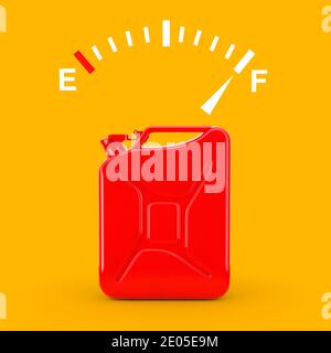 Indicatore del livello del carburante che mostra un serbatoio pieno vicino al taccuino di metallo rosso su sfondo giallo. Rendering 3d Foto Stock