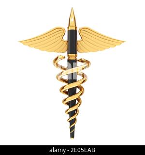 Concetto di pubblicazione medica. Golden Fountain Writing Pen come Gold Medical Caduceo simbolo su uno sfondo bianco. Rendering 3d Foto Stock