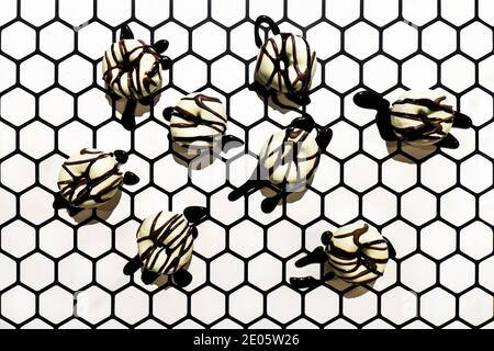 Piccole ciambelle bianche con vetri di cioccolato scuro su sfondo geometrico esagonale. Immagine minimalistica cromatica bianca e nera di deliziosa ciambella Foto Stock