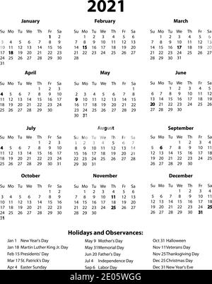 Calendario 2021 anni una pagina con le festività Foto Stock