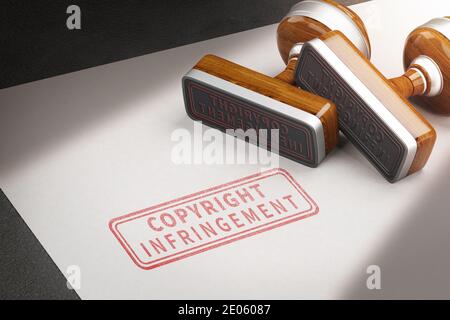 Lettere di violazione del copyright e francobolli di gomma. illustrazione 3d Foto Stock