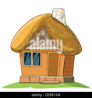 Una vecchia casa con tetto di paglia. Favoloso oggetto cartoon. Carino stile infantile. Un'antica dimora. Minuscolo, piccolo. Isolato su bianco. Foto Stock