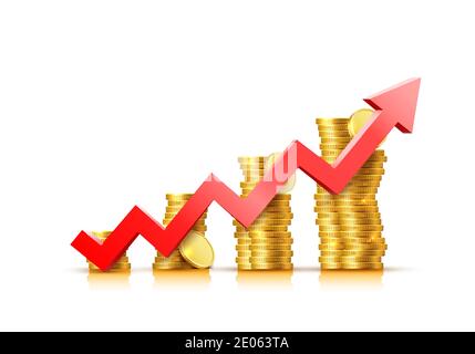 Freccia della tabella di crescita finanziaria con monete d'oro su sfondo trasparente. Illustrazione vettoriale Illustrazione Vettoriale
