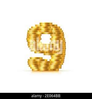 Stile font vettoriale fatto di monete d'oro. Numeri di moneta. Numero 9. Nove. Illustrazione vettoriale Illustrazione Vettoriale