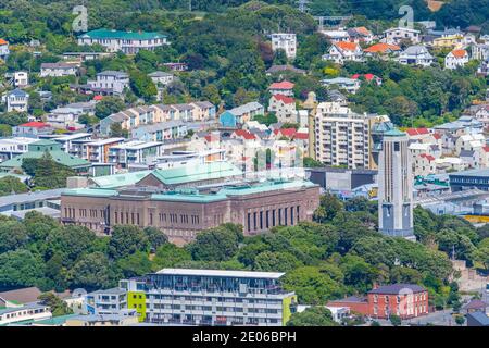 WELLINGTON, NUOVA ZELANDA, 9 FEBBRAIO 2020: Vista aerea del Dominion Museum Building e della National War Memorial Hall of Memories a Wellington, New Zeala Foto Stock