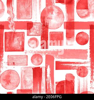 Arte contemporanea motivo senza cuciture sfondo. Forme geometriche astratte. Acquerello disegnato a mano cerchi rossi, rettangoli, texture quadrate. Acqua Foto Stock