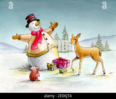 Snowman che dà regali ad uno scoiattolo e ad un fawn. Illustrazione acquerello tradizionale. Foto Stock