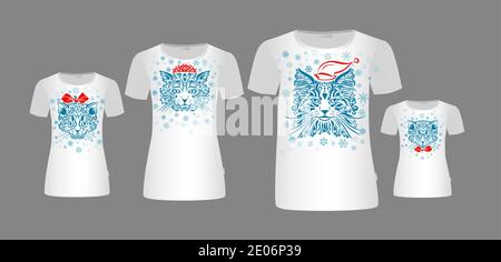 Cat su sfondo bianco. Famiglia di gatti. Stampa T-shirt. Look familiare. Illustrazione Vettoriale