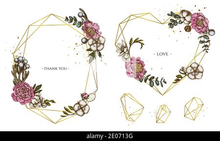 Cornice dorata con ficus, eucalipto, peonia, cotone, freesia, brunia Illustrazione Vettoriale