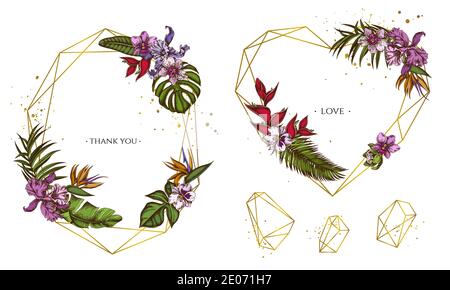 Cornice dorata con monstera, foglie di banana palma, strelitzia, heliconia, foglie di palma tropicali, orchidea Illustrazione Vettoriale