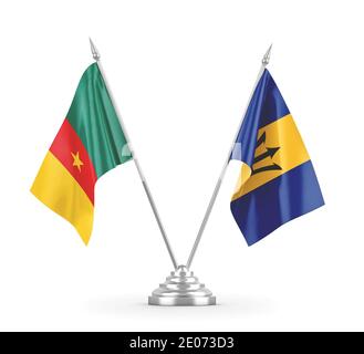 Bandiere da tavolo per Barbados e Camerun isolate su sfondo bianco 3D rendering Foto Stock