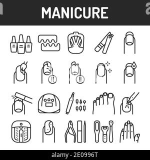 Procedure di manicure e pedicure set di icone a linea nera. Illustrazione Vettoriale