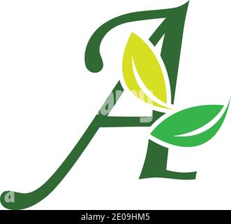 Verde eco lettere UN logo con foglie. /symbol / alfabeto / botanico / naturale lettera verde A con logo foglia modello di disegno illustrazione Illustrazione Vettoriale