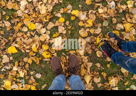 Caduta autunno asciugò foglie a terra con persone piedi e scarpe in piedi in erba. Vista dall'alto, sfondi concettuali autunnali. Foto Stock