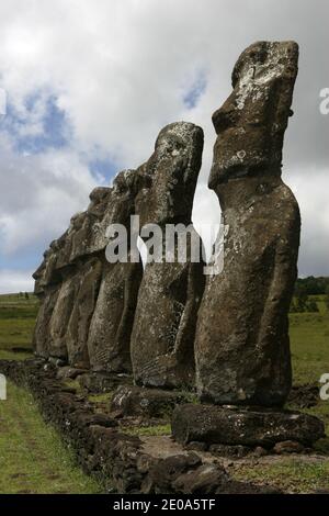 Sito AHU Akivi, situato a nord di Hanga Roa, l'AHU Akivi è l'unica piattaforma che le statue MAOI si affacciano sul Pacifico. Secondo la tradizione, essi rappresentano i sette emissari inviati in riconoscimento HotU Matu'a, che divenne il primo re dell'isola. Così, il Moai, che si affaccia verso le Marquesas e l'isola di Hiva scomparve o hanno avuto origine dal popolo Rapa Nui, Isola di Pasqua, Cile, 19 luglio 2007.Site d'AHU Akivi, situe au nord d'Hanga Roa, l'AHU Akivi est la seule plate forme dont les statues maoi sont tournees vers le Pacifique. Selon la tradizione, elles rappresentent les sep Foto Stock