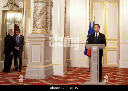 Il presidente francese Nicolas Sarkozy ha pronunciato il suo discorso sul pistolero di Tolosa, presso l'Elysee Palace di Parigi, in Francia, il 21 marzo 2012. Un'incursione della polizia prima dell'alba su una casa a Tolosa è scoppiata in un mercoledì di fuoco con un pistolero che pretende collegamenti con al-Qaida e si sospetta di uccidere tre studenti ebrei, un rabbino e tre paracadutisti. Foto di Stephane Lemouton/ABACAPRESS.COM. Foto Stock