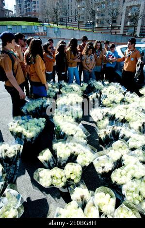 Gli scout israeliani della Francia portano rose bianche mentre aprono la marcia di persone di tutte le fedi il 25 marzo 2012 nella città sudoccidentale di Tolosa, nel distretto dove tre bambini e un insegnante sono stati uccisi la settimana scorsa dall'autoproclamato islamista Mohamed Merah. La polizia ha sparato Mera morto mentre saltò fuori dalla finestra del suo appartamento dopo un assedio di 32 ore, dopo aver ucciso sette persone. Foto di Theo Renaut/ABACAPRESS.COM Foto Stock