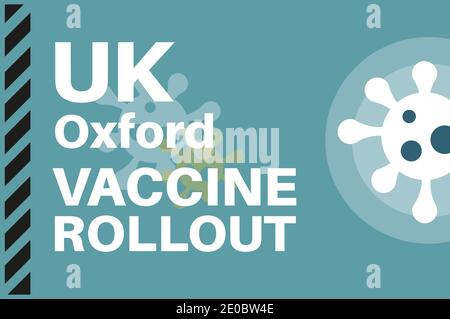 UK Oxford Vaccine Rollout - Illustrazione con i loghi dei virus su sfondo blu. Illustrazione Vettoriale