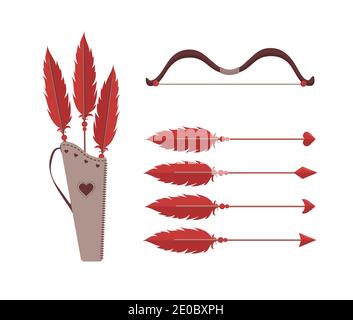 Cupids frecce e arco. Arma di San Valentino isolata su sfondo bianco. Carino elementi di festa del 14 febbraio. Illustrazione vettoriale in stile cartoon piano Illustrazione Vettoriale