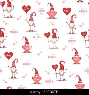 Motivo carino senza cuciture con gnomi scandinavi. Buon giorno di San Valentino. Illustrazione vettoriale in stile cartoon piano. Design nordico per cartoline, stampa Illustrazione Vettoriale