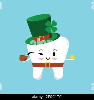 Dente di San Patrizio in costume leprechaun con moneta d'oro in mano. Illustrazione Vettoriale