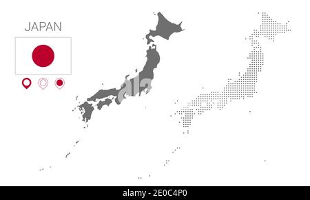 Mappa della silhouette del Giappone, mappa del Giappone punteggiata, bandiera del Giappone. Isolato su sfondo bianco. Illustrazione del vettore di traslazione piatta Illustrazione Vettoriale