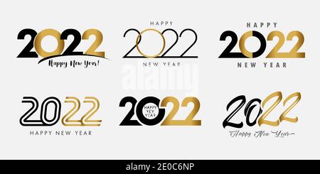 Grande set di 2022 felice anno nuovo oro e nero logo testo design. Collezione di etichetta Happy New Year e modello Happy Holidays biglietto vettore di auguri Illustrazione Vettoriale