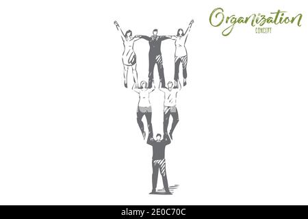 Schizzo del concetto di organizzazione. Partnership commerciale, collaborazione tra uomini d'affari e donne d'affari, colleghi eseguire acrobazie acrobazie, togetherness metaho Illustrazione Vettoriale