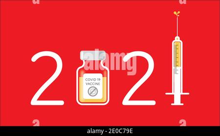 Vaccino per il virus della corona nel 2021 testo su sfondo rosso Illustrazione Vettoriale