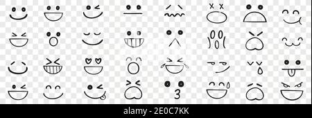 Set di emozioni disegnate a mano. Espressioni del volto noodles felici o tristi o volti ridenti sorridenti bocche piangenti occhi. umore diverso positivo e negativo huma Illustrazione Vettoriale