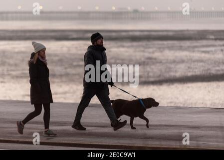 Southend on Sea, Essex, Regno Unito. 31 dicembre 2020. L'ultimo giorno del 2020 è stato innegato freddo e geloso con temperature inferiori allo zero. Nonostante si trovi a COVID 19 Tier 4, la città è stata molto popolare, con i visitatori che affollano le passeggiate sul lungomare. Per contrastare tale situazione, il consiglio ha annunciato che chiuderanno i parcheggi sul lungomare e ha chiesto alla gente di rimanere via. Le autorità locali ‘mEssex hanno dichiarato un 'incidente socchiuso', con l'ospedale Southend in capacità. La gente è fuori esercitandosi presto sulle promenades ghiacciate. Una coppia che cammina il loro cane su un sentiero gelido Foto Stock