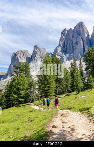 Escursionisti a piedi sul sentiero Adolf Munkel ai piedi dell'Odle, Val di Funes, Alto Adige, Dolomiti, Italia, Europa Foto Stock