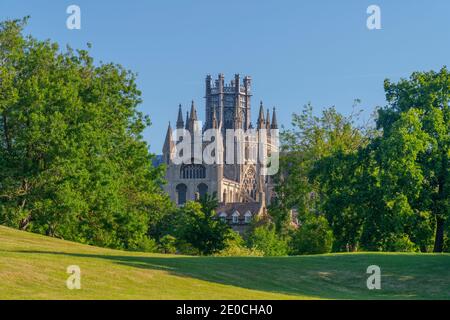 Ely Cathedral, Octagon Lantern Tower Vista da Cherry Hill Park, Ely, Cambridgeshire, Inghilterra, Regno Unito, Europa Foto Stock