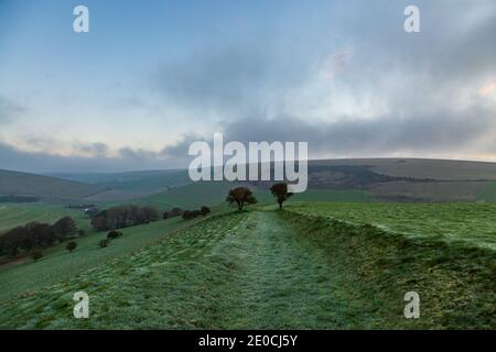 Una vista mattutina lungo un sentiero nelle South Downs, in una fredda mattina di dicembre Foto Stock