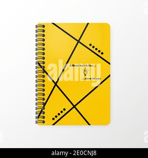 Layout realistico. Notebook in giallo e nero colori aziendali per annotare le tue idee. Il design vettoriale è adatto per grandi aziende e grandi aziende Illustrazione Vettoriale