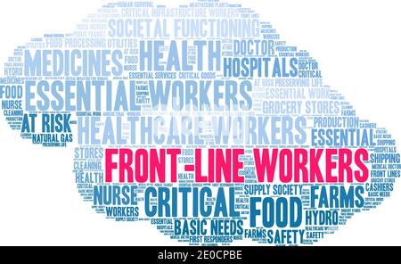 I lavoratori di front-line hanno un fumetto su sfondo bianco. Illustrazione Vettoriale