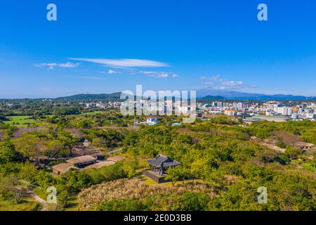 Veduta aerea del villaggio Folk di Jeju nella Repubblica di Corea Foto Stock