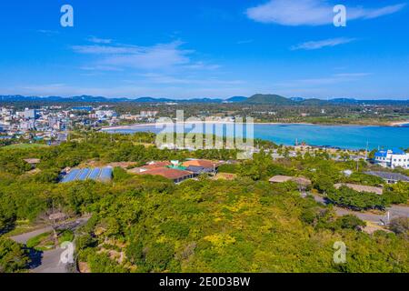 Veduta aerea del villaggio Folk di Jeju nella Repubblica di Corea Foto Stock