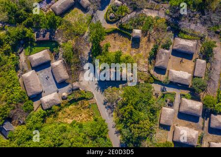 Veduta aerea del villaggio Folk di Jeju nella Repubblica di Corea Foto Stock