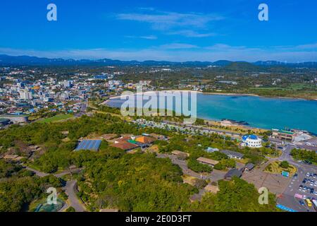 Veduta aerea del villaggio Folk di Jeju nella Repubblica di Corea Foto Stock